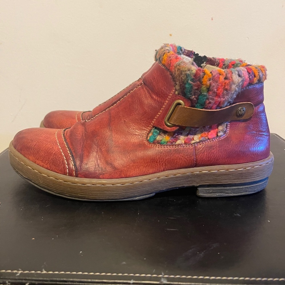 Rieker Red Ankle Boots with Multicolor Trim